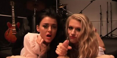 POV brunette and blonde are comparing their blowjob skills on the fat johnson
