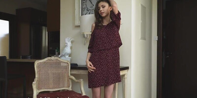 Slender big-tittied babe rubs her pink cunt on alone