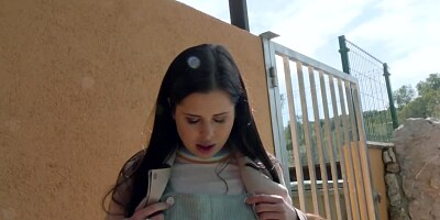 Shy brunette Euro babe can't believe the size of this cock