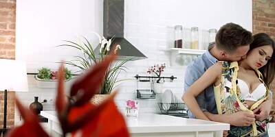 Stunning Asian hottie blows and fucks in the kitchen