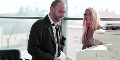 Sexy blonde Kyra shows some hot dirty tricks to boss at the office
