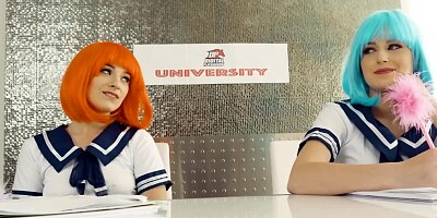 Teen chicks in uniforms are having hot lesbian sex on the table