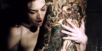 Brunette lesbian and tattooed stepmom have fun in the shower room