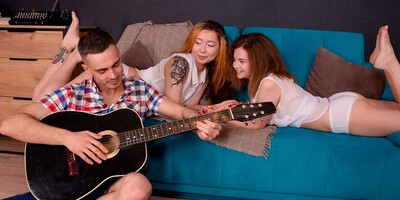 Teen and lesbian gf share cock