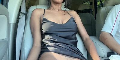 Hot Ebony Latina Masturbation And Playing With Her Boobs On The Car