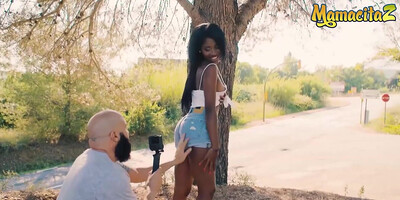 Outdoor shooting turns into interracial sex