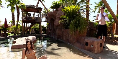 Pepper XO takes big cock on the couch by the pool