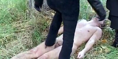 Submissive sex slave treated like a dog outdoors