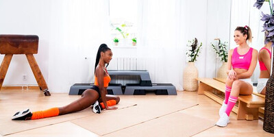 Interracial lesbian 69 in the gym