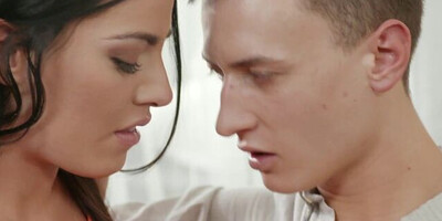 Euro brunette girl goes down on the giant schlong and treats it with sucking