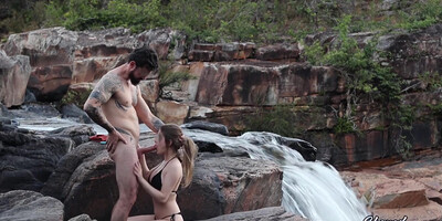 Blonde With Big Natural Breasts Makes Risky Public Sex In A Public Waterfall