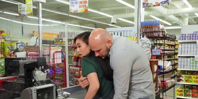 Strong tall customer fucks the Asian store clerk and cums on face