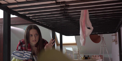 Isabella De Laa enthusiastically sucks the Landlord's cock while he squeezes her perf boobs