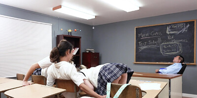 Schoolgirl Katie Kush and Lily Larimar seduce Professor