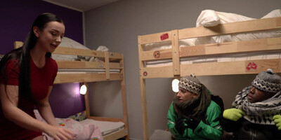 Pretty Lady Gang gets double penetration by two new neighbors