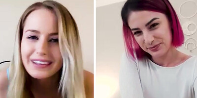 Two juicy lesbian girlfriends Scarlett Sage and Kristen Scott have some masturbation fun before the wedding