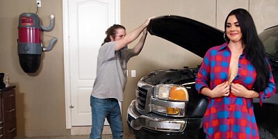 Dark haired brunette gets rammed so hard in the garage