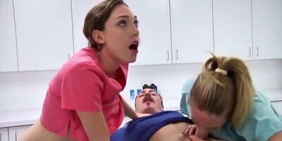 Two naughty nurses are treating the patient's dick with a dual blowjob