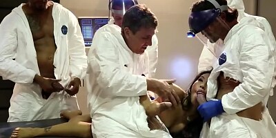 Eight scientists bang naked Asian MILF in all her welcoming holes