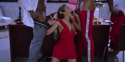 Two endowed black studs are sharing the petite blonde vixen in a 3some