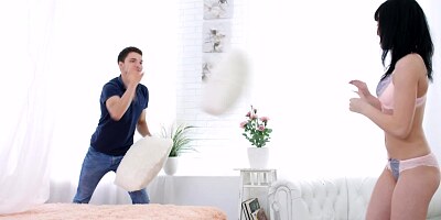 Pillow fight between lovers leads to passionate lovemaking