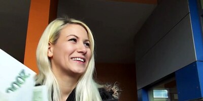 Innocent looking blonde gets down to suck a big meat pole