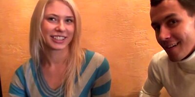 Russian blonde agrees to suck two cocks for cash in public restroom