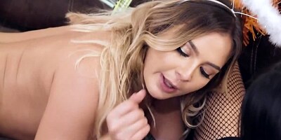 Busty blonde treated with a strap-on by petite teen