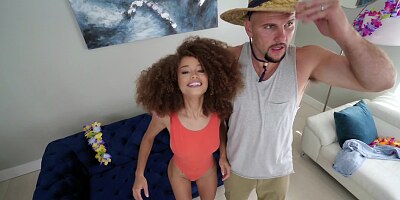 Tall bruiser stretches playful black gal with amazing curly hair
