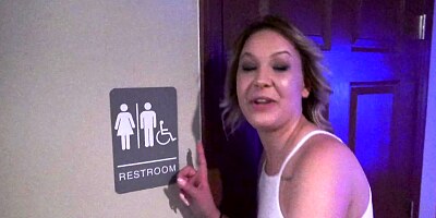 Chubby blonde hottie sucks and bangs in the restroom