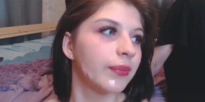 Pretty girl sucks a dick and gets cum all over her face