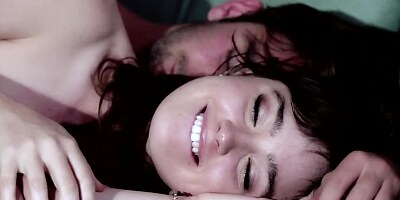 Cute short-haired babe fucked sideways gets cum