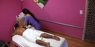 Asian masseuse with long hair willingly worships cock for money