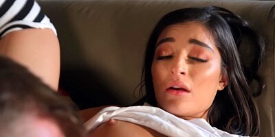 Passionate female is a tigress in bed being penetrated by stepbro