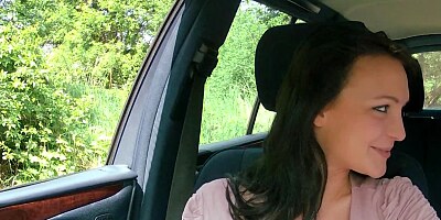 Joyful Euro brunette rewards kind driver with blowjob