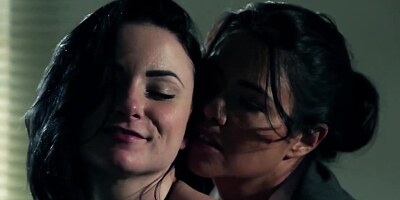 Rich bitch with black hair moans and enjoys secretary's tongue