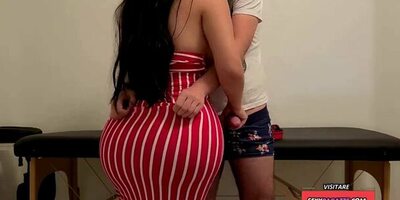 Hot milf with pear body shape rides his dick on a table