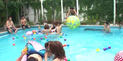 Group blowjob in the pool from cute Japanese girls
