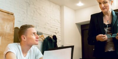 TUTOR4K. Short-haired literature teacher nailed by stud