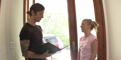 Horny stud gets a BJ then bangs a cute babe on the couch