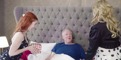 Old daddy gets young and old pussies as a surprise