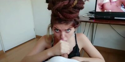 Caught milking off by rasta roomy on high-heeled slippers. Concludes with facial cumshot!!!