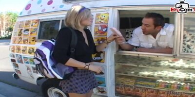 Blonde teen with small tits wears a skirt and gets pick up