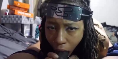 Ebony stunner with pierced puffies is anxiously inhaling a massive, black pecker, in a POINT OF VIEW fashion