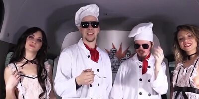 Two German bitches blow various cocks inside the big van