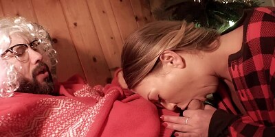 Babe in checkered shirt is carnal with the man with a white wig