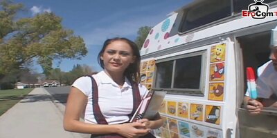 Brunette petite student Teen with small tits has car sex