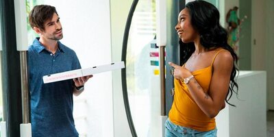 Ebony beauty Lacey London enjoys pizza with a side of dick