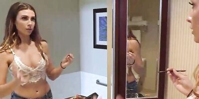 Teen brunette gets ready for a night out and sucks off her horny naked lover