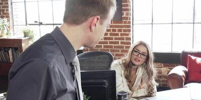 Vanessa Vega notices how Alex Jett takes initiative even if he's just in the mail room. She gives him a sloppy blowjob before riding him reverse cowgirl!